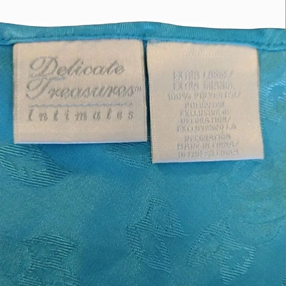VTG 80s Teal Satin Floral Embroidered Detail Mini Slip Dress Chemise‎ XL Festie - Picture 12 of 14